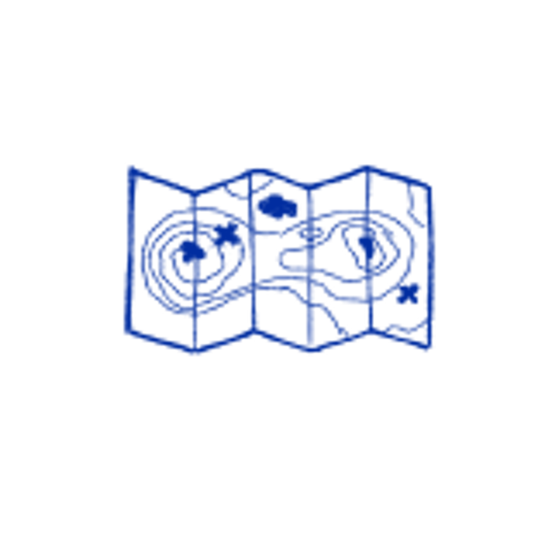 The image shows a blue icon of a folded map against a black background. The map appears to depict a geographical area with contour lines, possibly indicating elevation changes. There are also some circular shapes that could represent lakes or other bodies of water. The map is stylized and simplified, suggesting it's an icon rather than a detailed cartographic representation.